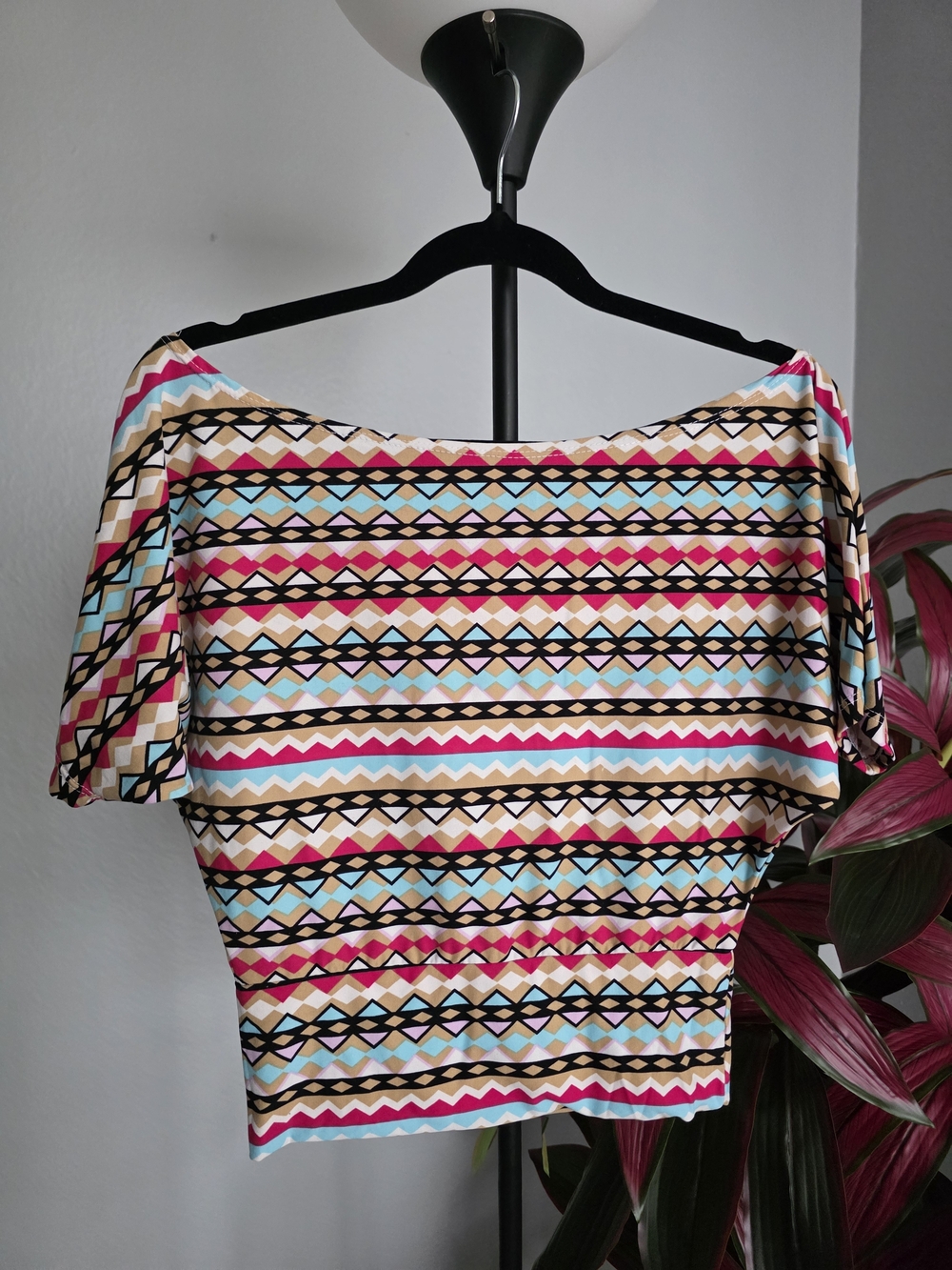 Off-Shoulder Geometric Stripe Crop Top in Pink, Aqua & Cream - Picture 2 of 6